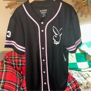 PLAYBOY Baseball Jersey Black Pink Trim Bunny Logo